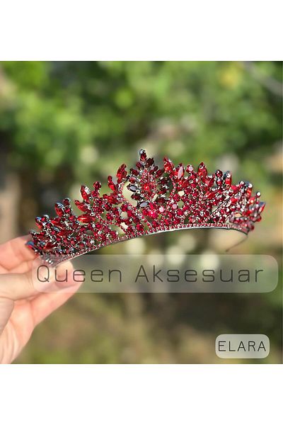 QUEEN AKSESUAR إيلارا جرانادا بورجوندي أحجار كريستال حمراء بتصميم فاخر تاج زفاف معدني مزين برأس أصلي