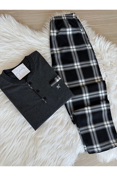 Pijamacs Anthracite Plaid Patterned Pocket Detailed Cotton Short Sleeve Men's Pajama Set