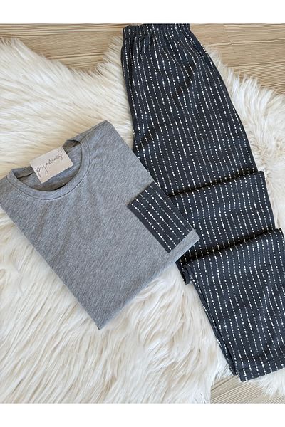 Pijamacs Light Gray Polka Dot Patterned Pocket Detailed Cotton Short Sleeve Men's Pajama Set