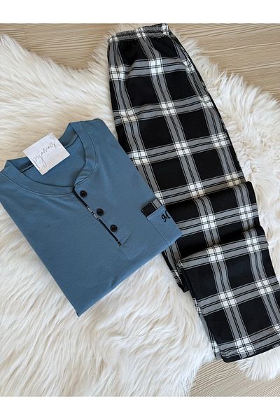 Pijamacs Set de pijamale pentru bărbați din bumbac cu mâneci scurte cu model în carouri albastre