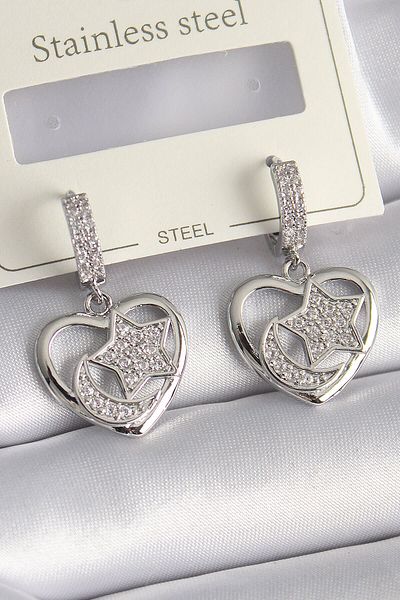 merland benvecocuk Brass Silver Color Heart Model Zircon Stone Moon and Star Embroidered Women's Earrings - Lisinya