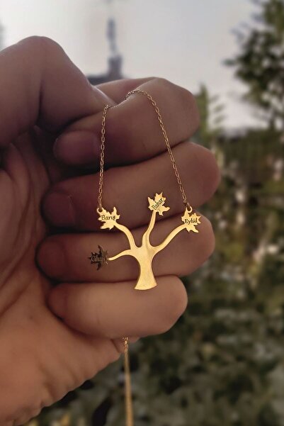 ÖZGÜR TAKI 925 Ayar Gümüş 24 Ayar Altın Kaplama 4 İsimli Çınar Yapraklı Kolye