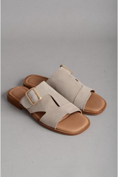 SEÇ KUNDURA Seç 16230 Genuine Leather Women's Slippers Beige Suede