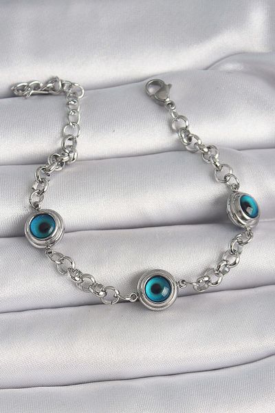 merland benvecocuk 316L Steel Silver Color Chain Model Evil Eye Beaded Women's Bracelet - Lisinya