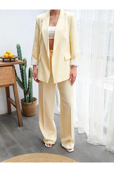 CELITA Women's Lining Striped Sleeve Fold Detailed Jacket Pants Set