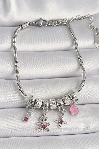 merland benvecocuk Brass Silver Color Chain Dangle Zircon Stone Teddy Bear Figure Star Detail Women's Bracelet - Lisinya