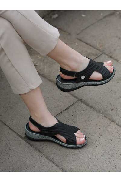 Mammamia 2280 Genuine Leather Laser Print Patterned Velcro Strap Sandals