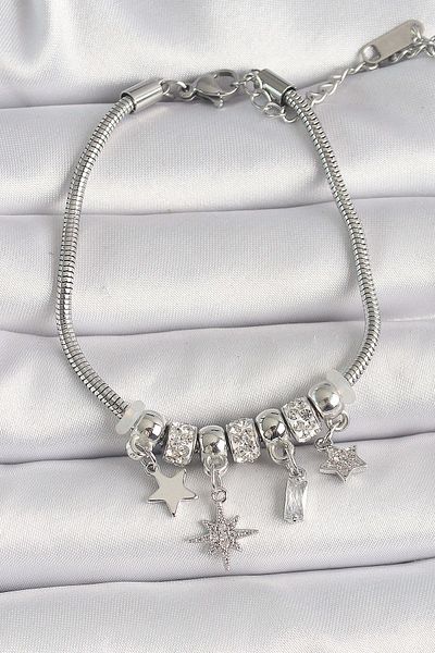 merland benvecocuk Brass Silver Color Chain Dangle Zircon Stone Star Model Women's Bracelet - Lisinya