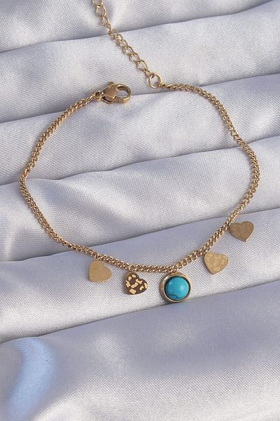 merland benvecocuk 316L Steel Gold Color Minimal Heart Blue Stone Detailed Bracelet - Lisinya