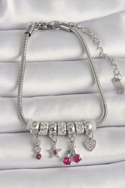 merland benvecocuk Brass Silver Color Chain Dangle Zircon Stone Cherry Figure Heart Detail Women's Bracelet - Lisinya