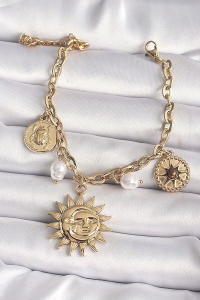 merland benvecocuk 316L Steel Gold Color Moon Sun Model Pearl Detail Women's Bracelet - Lisinya
