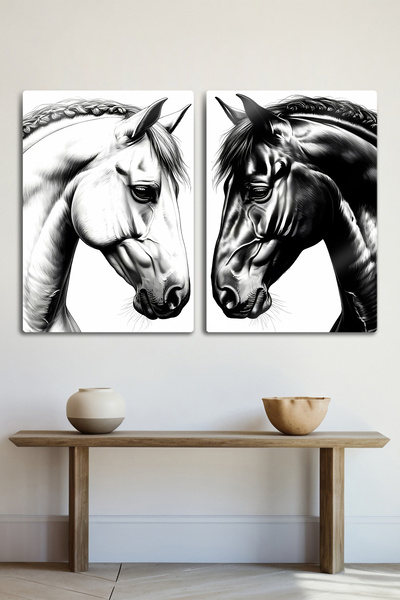 DekorHane Imprimare lucioasă pe metal, set de 2 picturi decorative cu cal nob...