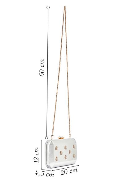 Derimod Women's Silver Long Chain Strap Stone Metallic Mini Evening Dress Box Bag 25Sbd2733Ts