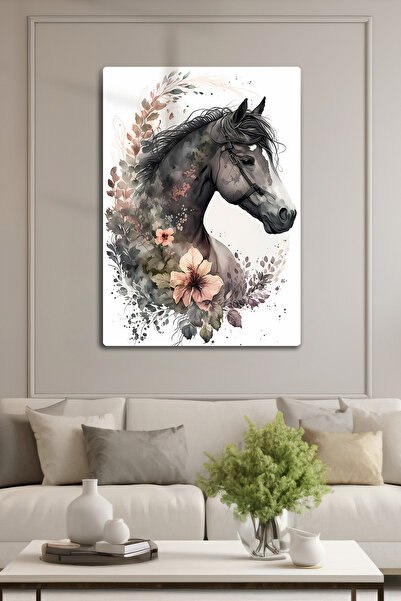 DekorHane Imprimare metalică - Pictură cu cai înfloriți, foaie artistică decorativă lucioasă, montare fără cuie