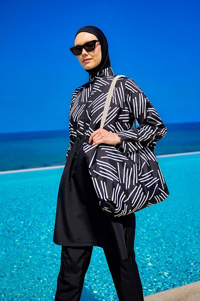 A Andalus Black Hijab Swimsuit 4 Piece Suit with Bag, Water Repellent R2509