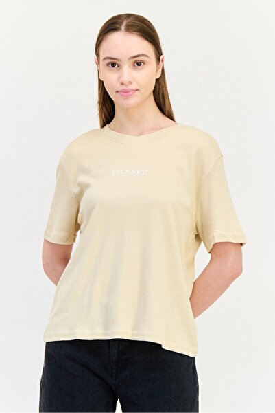 BLANK ESSENTIALS Women Round Neck Short Sleeves Brand Logo T-Shirt, Beige