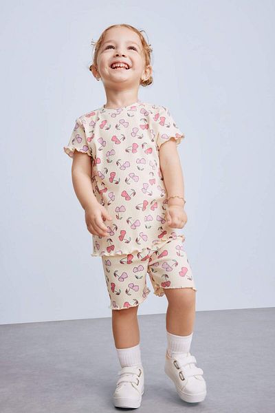 DeFacto Baby Girl 2-Piece Set Patterned Ribbed Camisole Short Sleeve T-Shirt Shorts E0724A525Sm