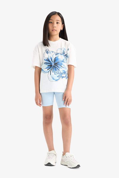 DeFacto Girls' 2-Piece Set Printed Short Sleeve T-Shirt Biker Leggings E4759A825Hs