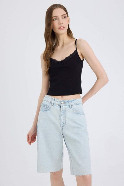 DeFacto Fitted Slim Fit Square Collar Ribbed Camisole Strap Black Undershirt D1240Ax25Sm