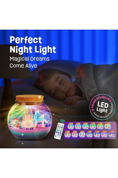 Yelajoy DIY Unicorn Terrarium Kit Toy, 9-colour LED night light with remote control, Gift for Kids 3+
