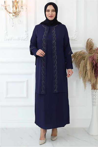TRENDTESETTÜR Women's Dark Blue Stone Embroidered Evening Dress t 7321