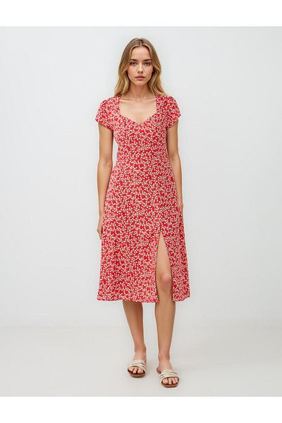 Jimmy Key Red Halter Neck Short Sleeve Patterned Midi Dress