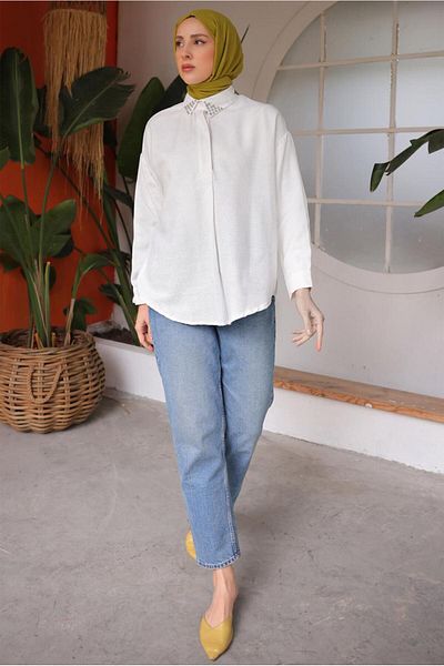TRENDTESETTÜR Women's Ecru Cotton Shirt Tunic t 59516