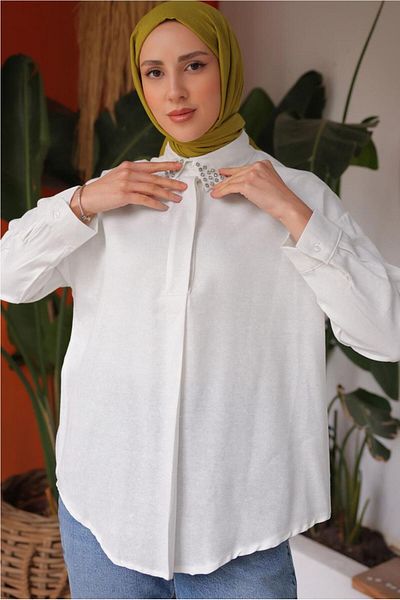 TRENDTESETTÜR Women's Ecru Cotton Shirt Tunic t 59516
