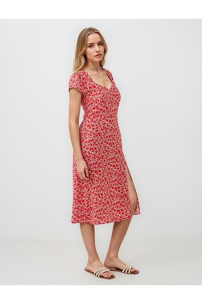 Jimmy Key Red Halter Neck Short Sleeve Patterned Midi Dress
