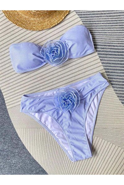 theanemos Mavi Yüksel Bel Gül Detaylı Bikini Takımı