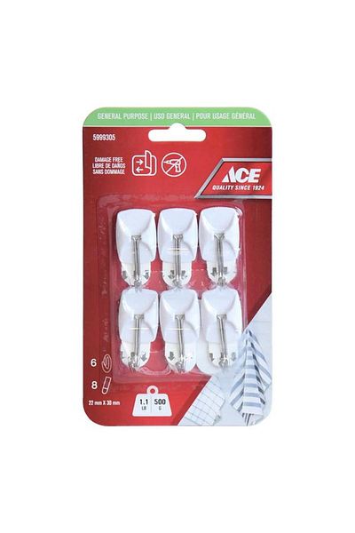 Generic خطاف لاصق متعدد الأغراض خالٍ من التلف من ACE، مكون من 6 قطع مع شرائط، أبيض 2.2 × 3 سم