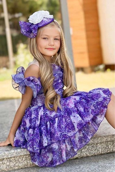 Riccotarz Girls' Sheer Tulle Neckline and Flounced Shoulder Bust Sleeveless Purple Floral Dress