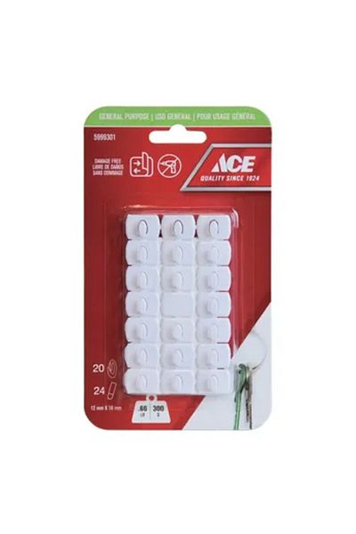 ACE Adhesive Hook Pack (20 Pc., 1.2 x 1.8 cm, White)