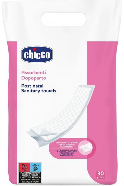 Chicco Mammy Long And Wide Post Natal Sanitary Towels 30 Pieces, White, Women: One Size