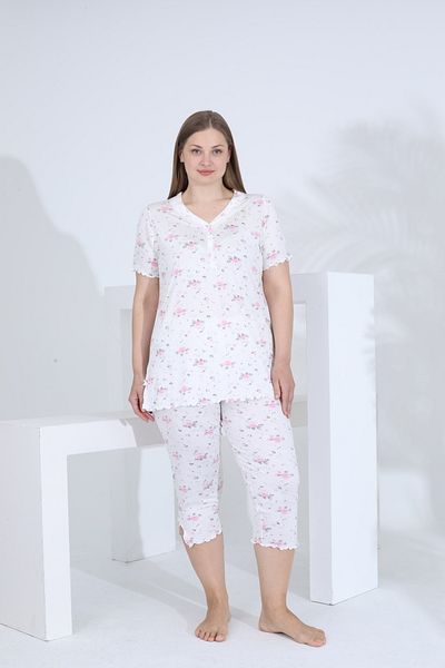 Evia Angelique Bamboo Fabric Short Sleeve Lace Detail Women's Capri Suit 22269