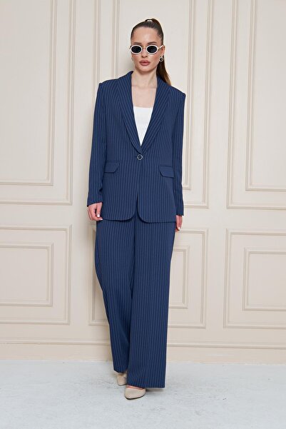 LOVELF Şal Yaka Çizgili Krep Takım Lacivert