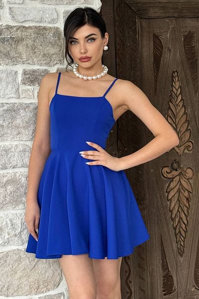 WOMAN VISION Saks Blue Atlas Fabric Curea reglabilă Detaliu de legare la spate Rochie mini evazată 362