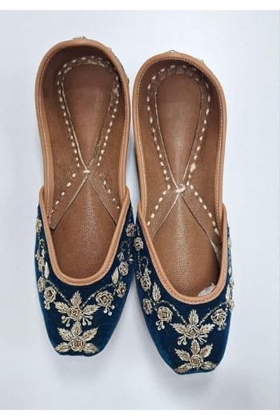 Generic Women's Velvet Ballet Flats, Navy Blue with Gold Floral Embroidery, Traditional Indian Jutti Style,