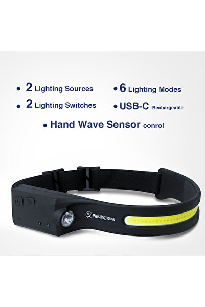 Westinghouse WF218 Rechargeable Head Light, Super Bright COB + LED, Wave Sensor, Type-C USB, Adjusta