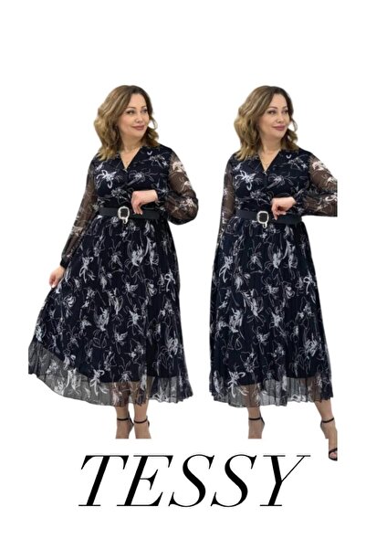 TESSY KADIN BÜYÜK BEDEN DESENLİ KEMERLİ PLİSELİ ŞİFON ELBİSE