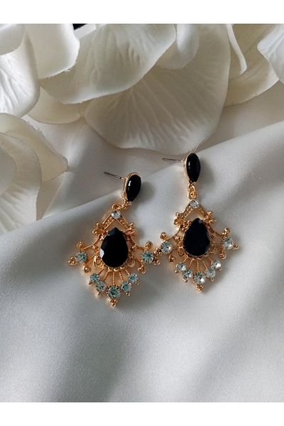 Pervin Ablacım Black Stone Design Gold Handmade Steel Earrings