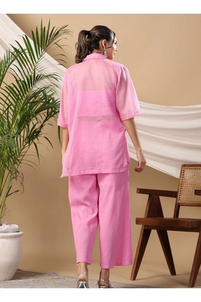 HashtagBe Stylish Pink Three-Piece Co-Ord Set with Ruched Crop Top
