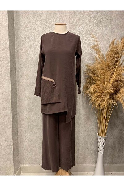 KADO 25Y1615 TAKIM TUNİK PANTOLON , TUNİK ASİMETRİK KESİM CEPLİ KAHVE