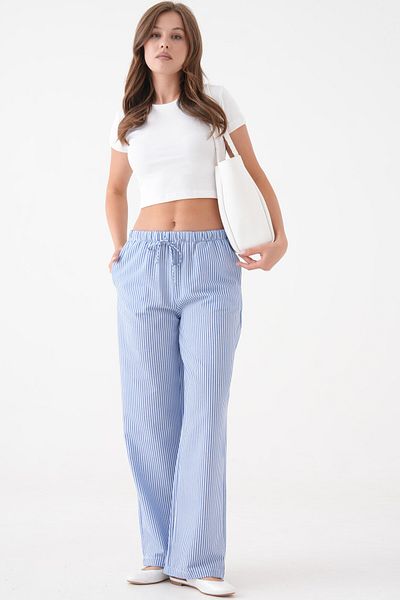 Saade Blue Striped Elastic Waist Wide Leg Woven Trousers