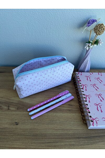 minyaturhayalim Soft puantiyeli mavi fermuarlı kalemlik kalem kutusu astarlıd...