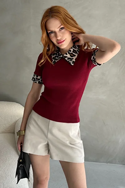 Chicup Women's Burgundy Leopard Polo Neck Ribbed Knitted Blouse