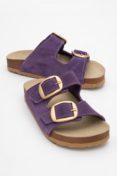 Ataköy Ayakkabı Women's Leather Double Buckle Slippers