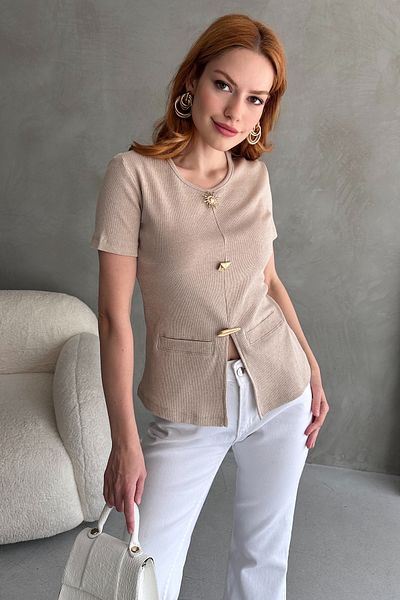 Chicup Aura Γυναικεία Κρεμ Τσέπη Αξεσουάρ Κοτσιδάκι Πλεκτή Μπλούζα