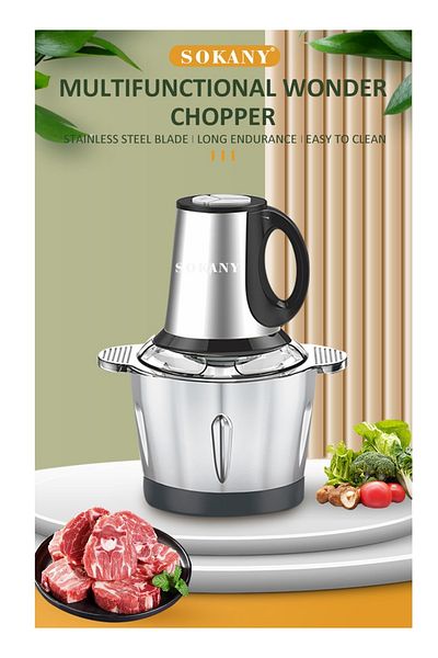 SOKANY 3-Speeds 3L Meat Grinder Chopper Food Processor 4-Blades 800W SK-7011 Black/Silver