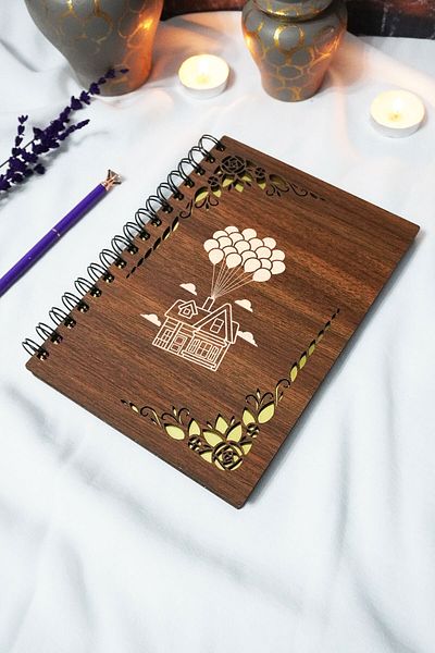 markcat Flying House Wooden Cover Spiral School Notebook - Unlined Notebook - 60 Sheets (120 Pages) - A5 15X21 cm